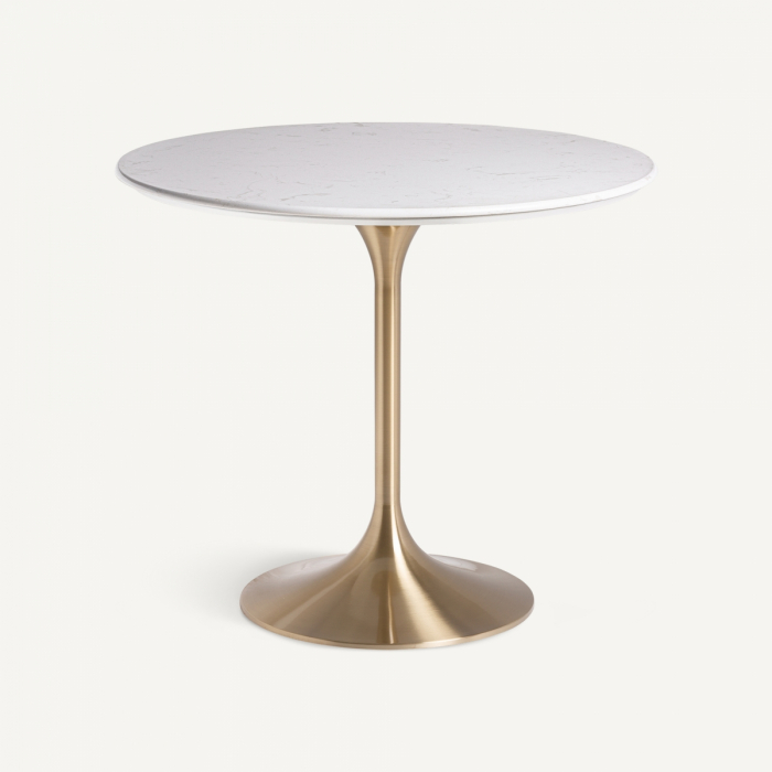 Masă bar rotundă porțelan alb mat și oțel auriu, design sculptural glam. [2]