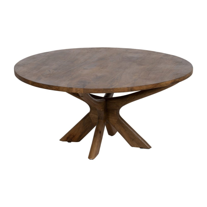 Masă de cafea din lemn de mango rotundă în stil organic modern cu blat generos și bază sculpturală pentru livinguri contemporane. [3]