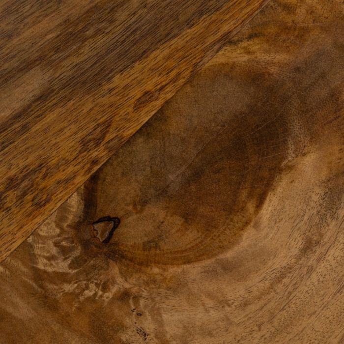 Masă de cafea din lemn de mango rotundă în stil organic modern cu blat generos și bază sculpturală pentru livinguri contemporane. [5]