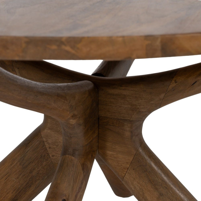 Masă de cafea din lemn de mango rotundă în stil organic modern cu blat generos și bază sculpturală pentru livinguri contemporane. [7]