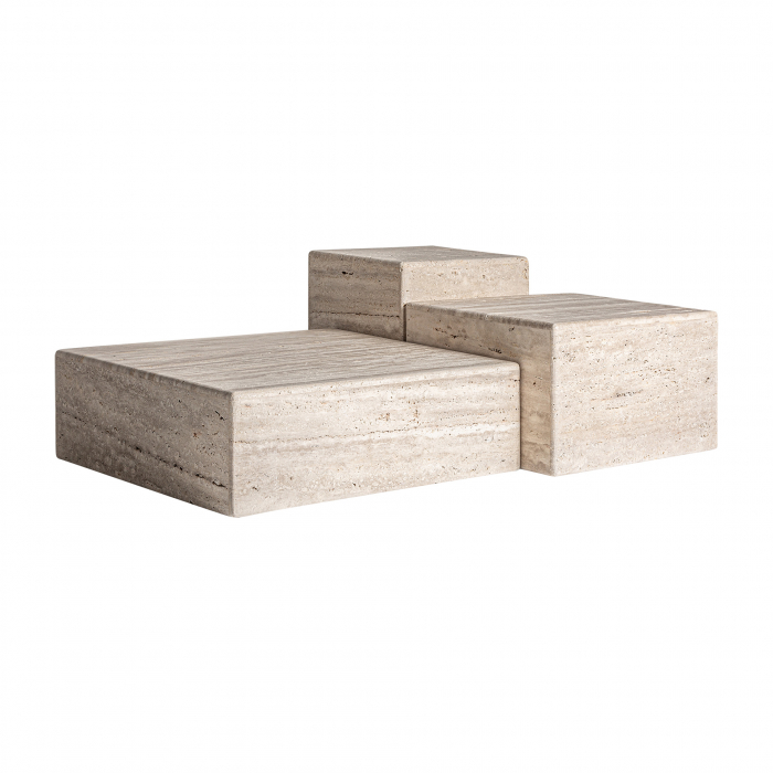 Măsuță joasă travertin bej, formă pătrată minimalistă. [3]