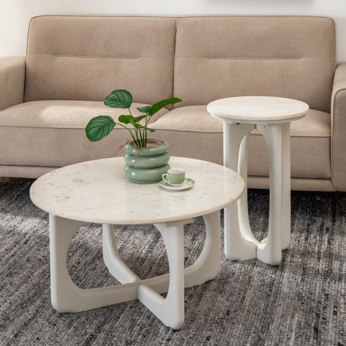 Masă de cafea rotundă din marmură albă și lemn Mango în stil modern [2]