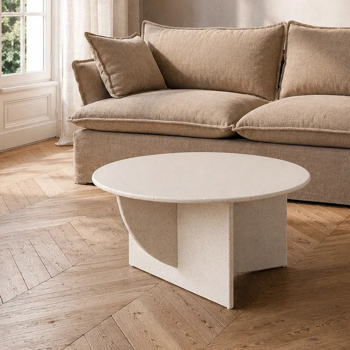 Masă de cafea rotundă MDF alb terrazzo joasă [2]