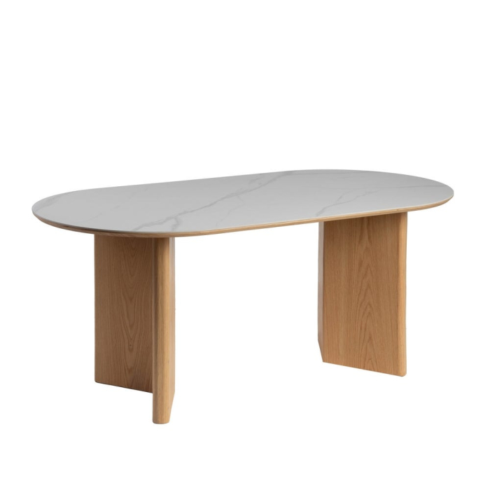 Masă de dining albă blat ceramic marmură, picioare MDF [2]