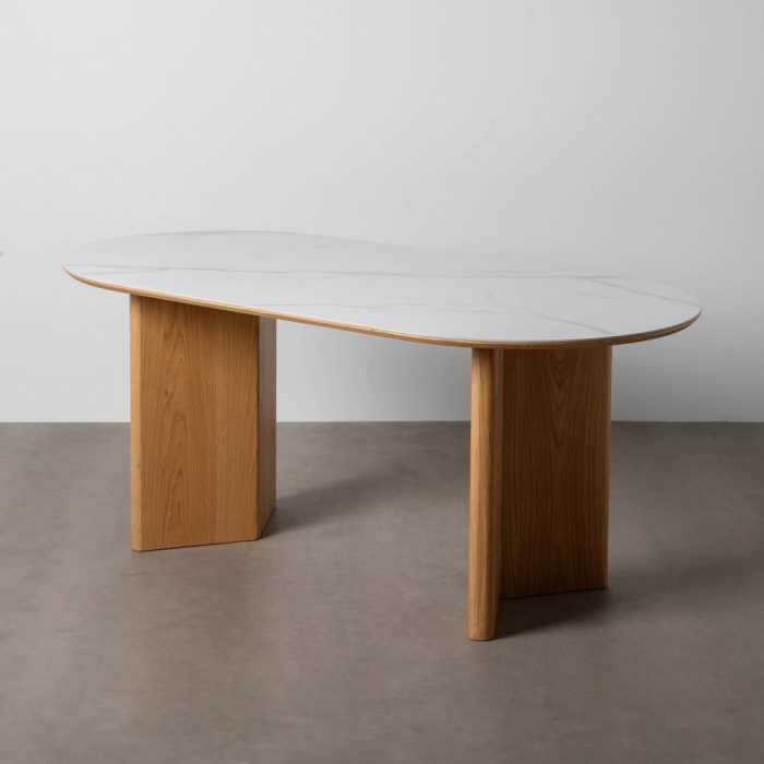 Masă de dining albă blat ceramic marmură, picioare MDF [10]