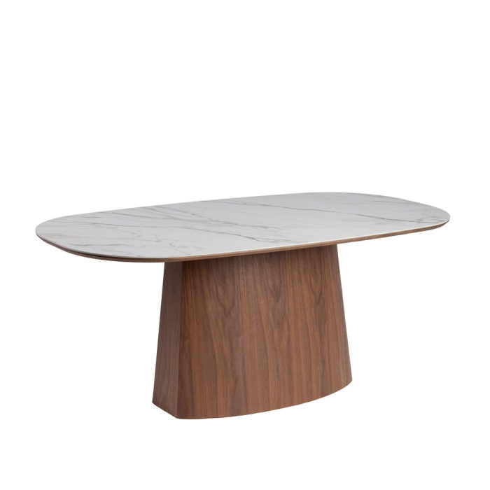 Masă de dining albă picior central MDF maro, blat ceramic [2]