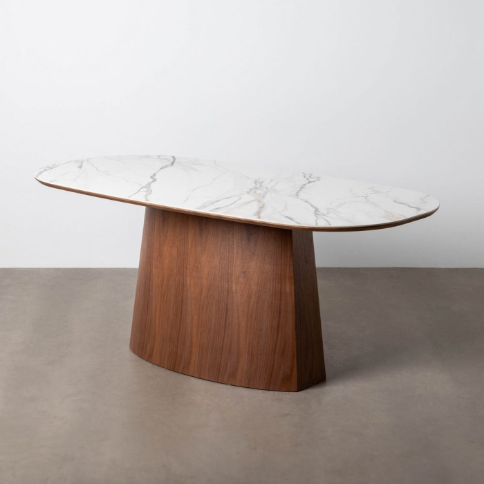 Masă de dining albă picior central MDF maro, blat ceramic [10]