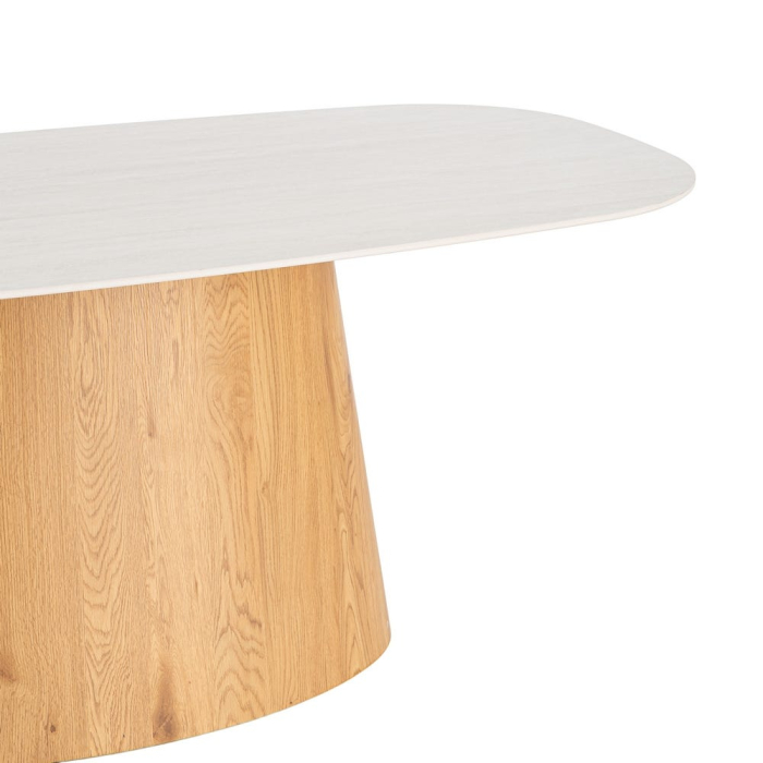Masă de dining cu blat din piatră sinterizată bej și bază sculpturală cu aspect lemn [2]