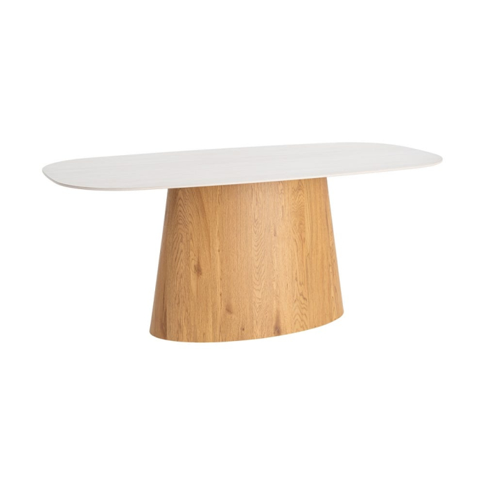 Masă de dining cu blat din piatră sinterizată bej și bază sculpturală cu aspect lemn [6]