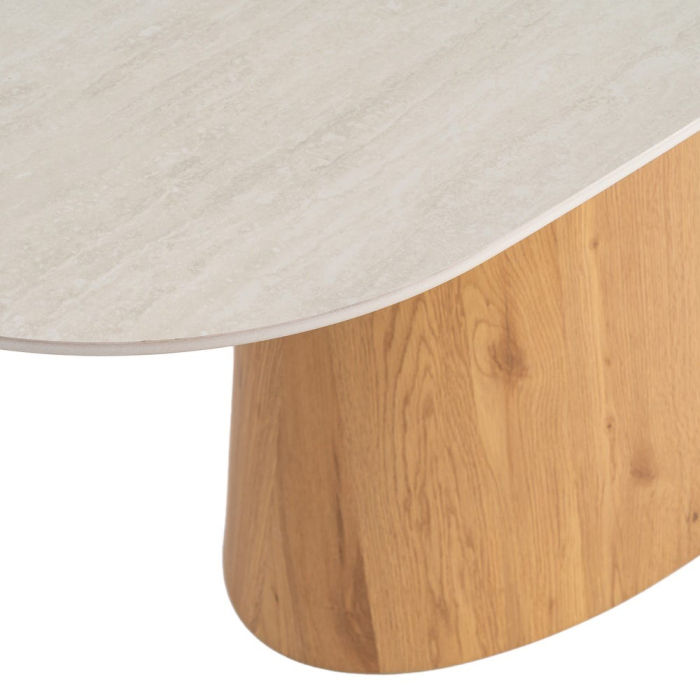 Masă de dining cu blat din piatră sinterizată bej și bază sculpturală cu aspect lemn [4]