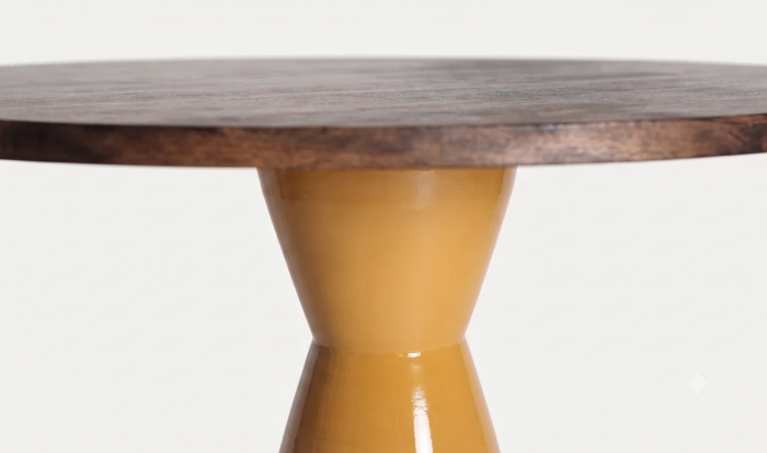 Masă de dining din fier ocru lucios și lemn de mango maro – masă sculpturală pentru 3 persoane [3]