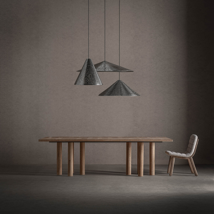 Masă de dining din lemn de mango și travertin cu design sculptural Jacquard [7]