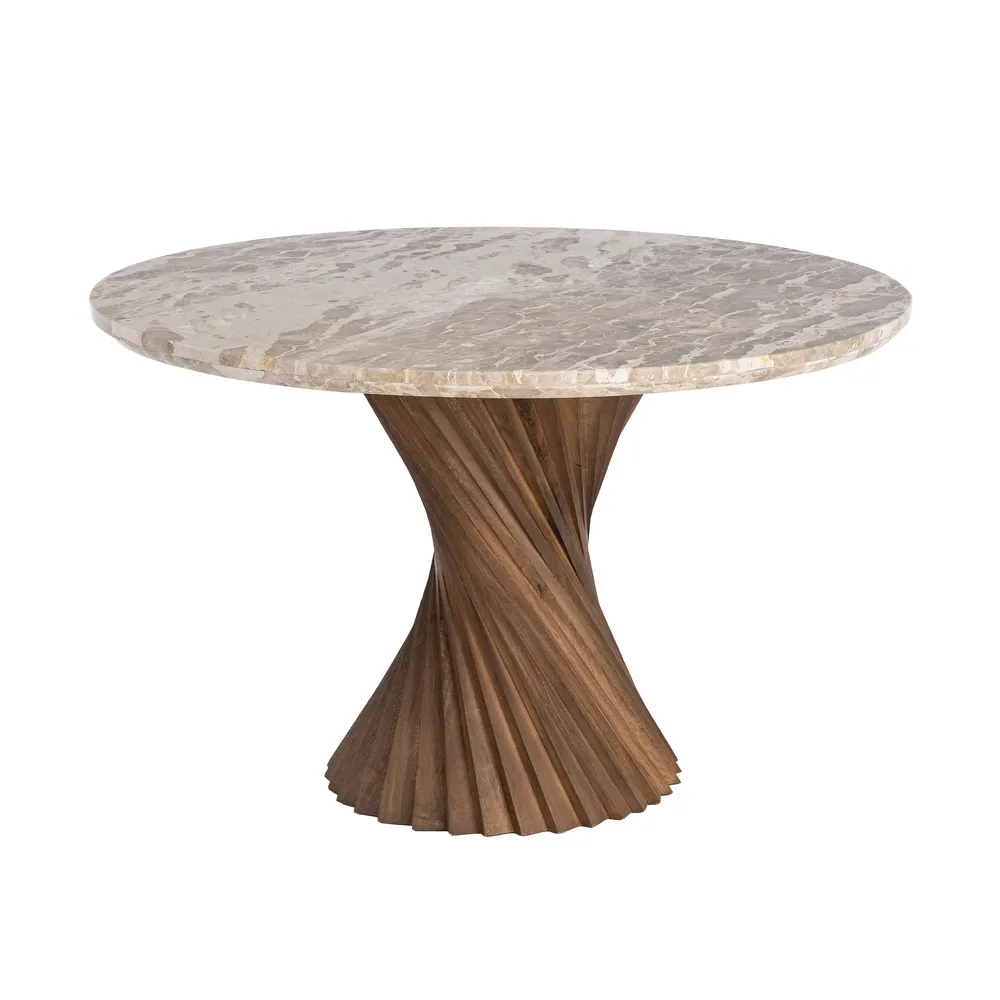 Masă de dining marmură alb crem și lemn mango bază răsucită [2]