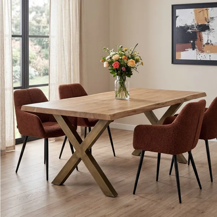 Masă de dining dreptunghiulară din MDF cu blat cu aspect de lemn si picioare metalice X [2]