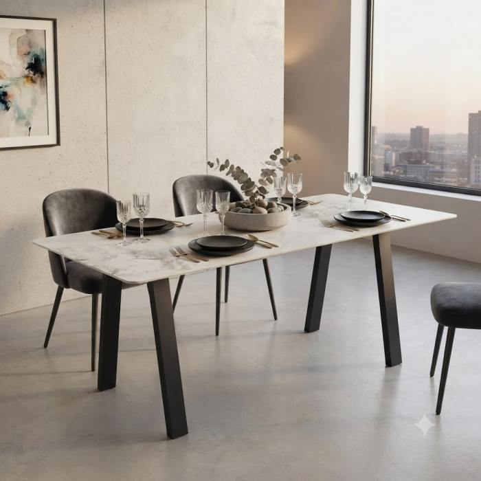 Masă dreptunghiulară de dining din piatră compozită albă cu aspect de piatră [2]