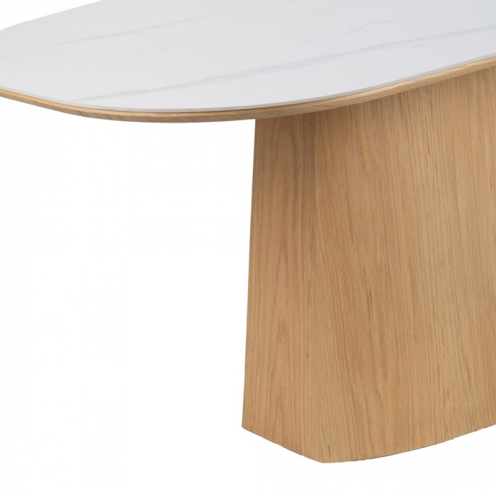 Masă dining ovală ceramică marmorat alb cu bază MDF natur curbată [8]