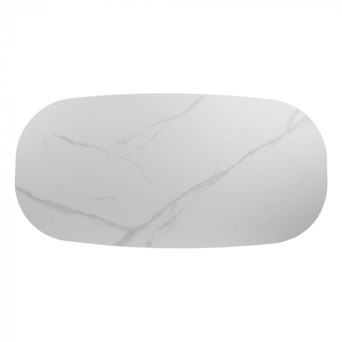 Masă dining ovală ceramică marmorat alb cu bază MDF natur curbată [4]