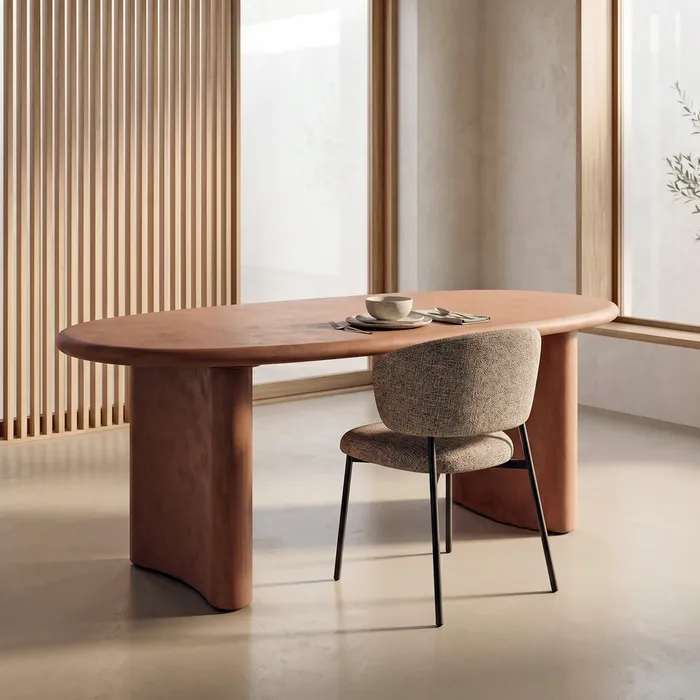Masă de dining ovală cu finisaj microciment și bază sculpturală [2]