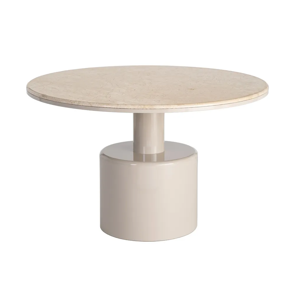 Masă de dining rotundă cu blat de marmură bej și picior central din MDF lăcuit crem [2]