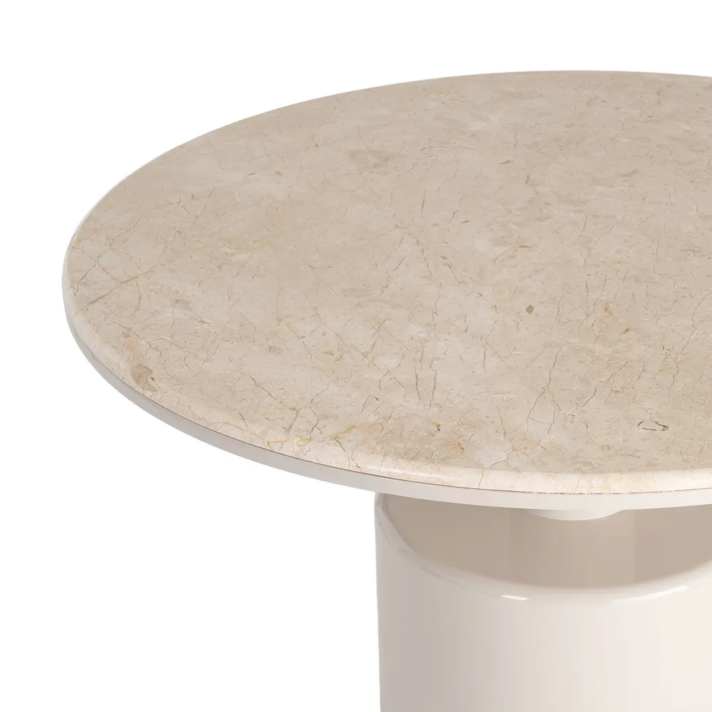 Masă de dining rotundă cu blat de marmură bej și picior central din MDF lăcuit crem [7]