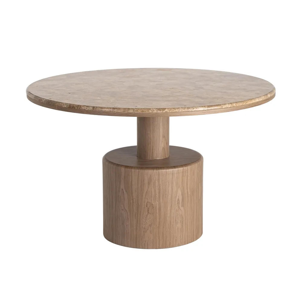 Masă de dining rotundă cu blat de marmură maro-roz și picior central în ton de lemn [3]