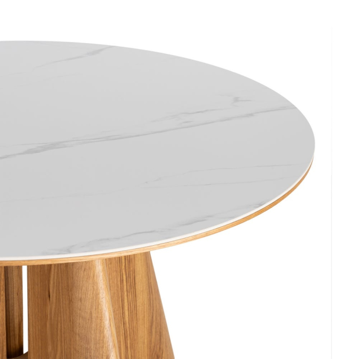 Masă de dining rotundă cu blat din ceramică albă cu aspect de marmură [5]