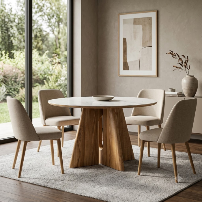 Masă de dining rotundă cu blat din ceramică albă cu aspect de marmură [3]