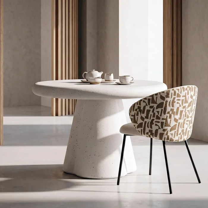 Masă de dining rotundă cu finisaj terrazzo și bază sculpturală [2]