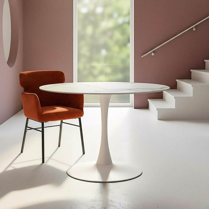 Masă de dining rotundă din ceramică albă și metal alb [1]