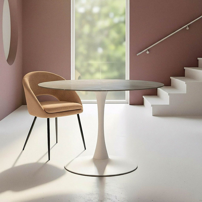 Masă de dining rotundă din ceramică gri și metal alb [1]