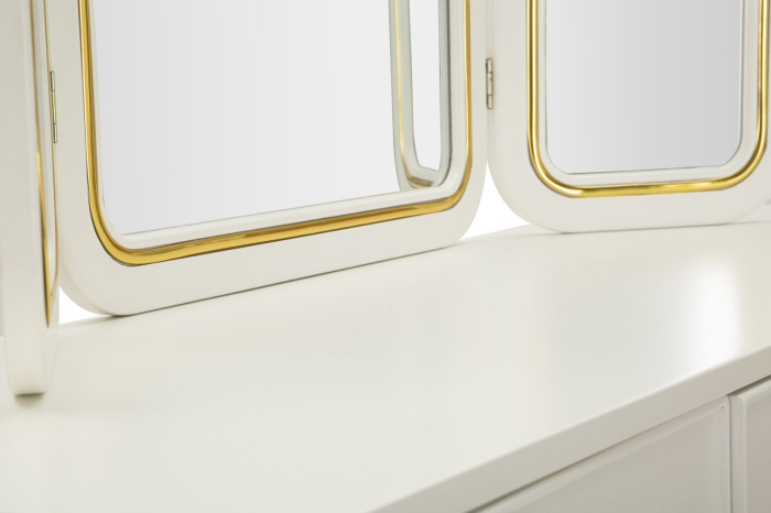 Masă de toaletă cu oglindă triplă și taburet alb cu accente aurii design elegant [8]