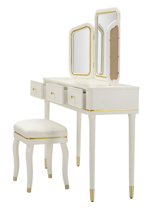 Masă de toaletă cu oglindă triplă și taburet alb cu accente aurii design elegant [4]