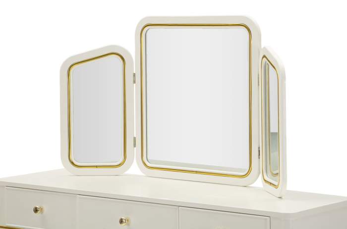 Masă de toaletă cu oglindă triplă și taburet alb cu accente aurii design elegant [5]