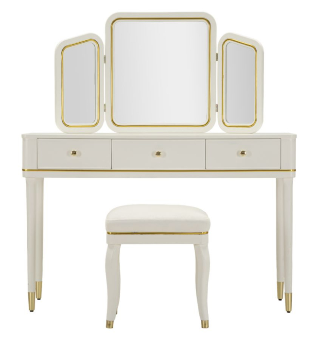 Masă de toaletă cu oglindă triplă și taburet alb cu accente aurii design elegant [2]
