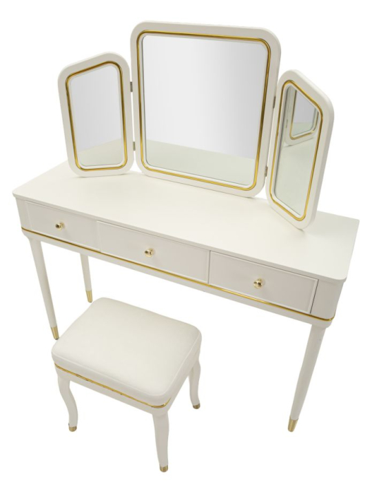 Masă de toaletă cu oglindă triplă și taburet alb cu accente aurii design elegant [3]