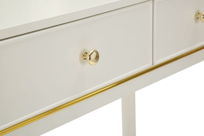 Masă de toaletă cu oglindă triplă și taburet alb cu accente aurii design elegant [7]