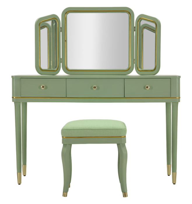 Masă de toaletă verde salvie cu oglindă triplă și taburet design elegant [2]