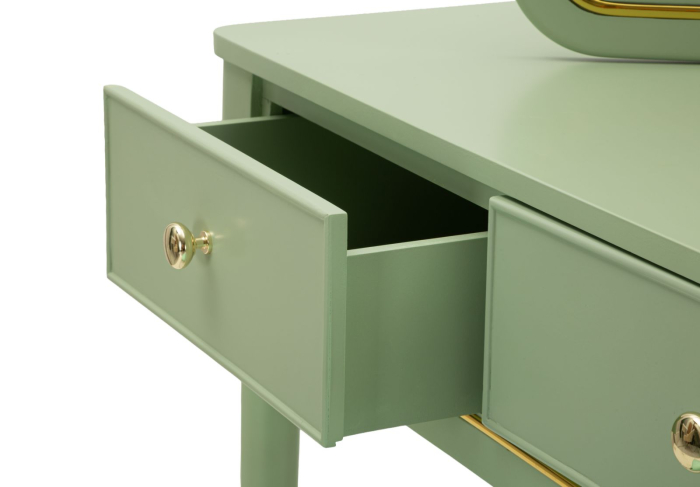 Masă de toaletă verde salvie cu oglindă triplă și taburet design elegant [6]