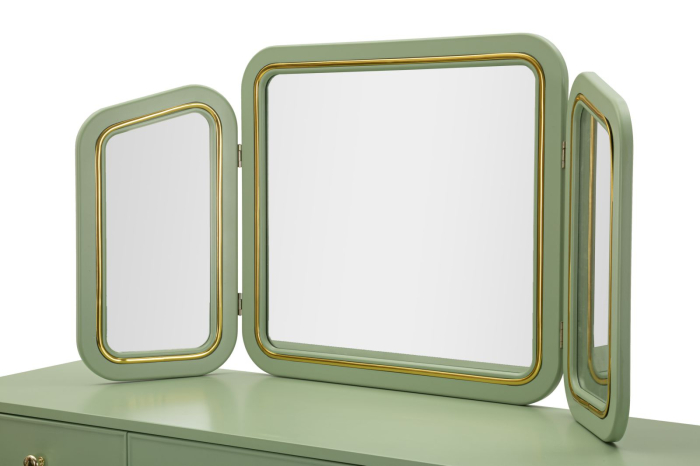 Masă de toaletă verde salvie cu oglindă triplă și taburet design elegant [5]