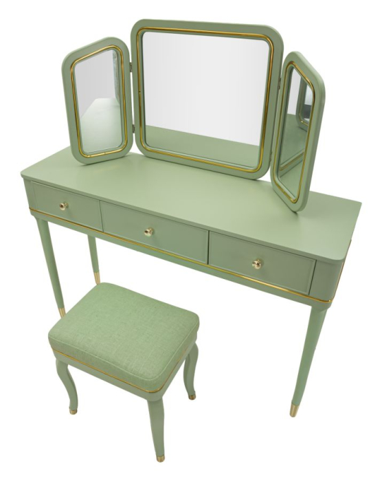 Masă de toaletă verde salvie cu oglindă triplă și taburet design elegant [3]