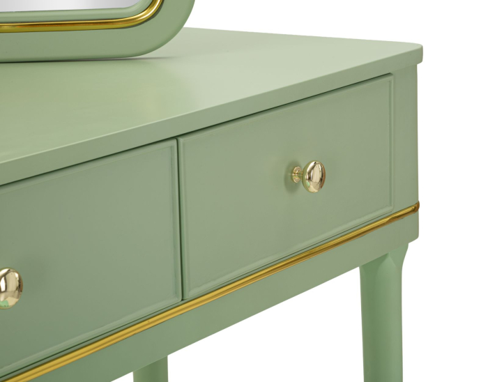 Masă de toaletă verde salvie cu oglindă triplă și taburet design elegant [4]