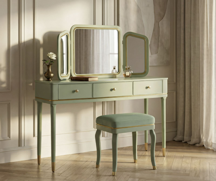 Masă de toaletă verde salvie cu oglindă triplă și taburet design elegant [8]
