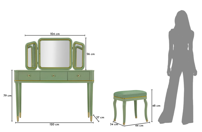 Masă de toaletă verde salvie cu oglindă triplă și taburet design elegant [9]