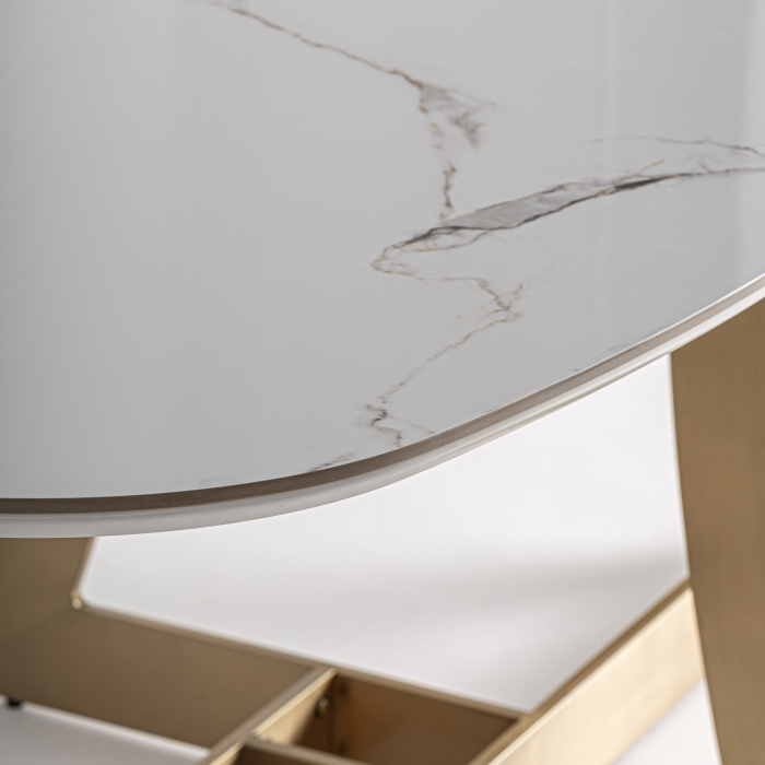 Masa dining art deco cu blat portelanat alb marmorat si otel cu finisaj auriu Jussey 220x100x76 cm [3]