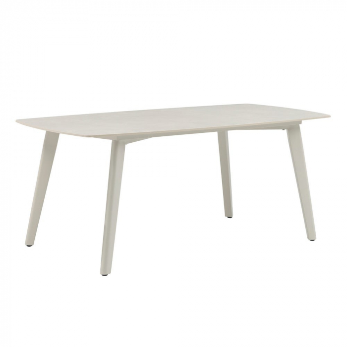 Masă Cream Stone – blat porțelan crem, cadru aluminiu, vedere din lateral [1]