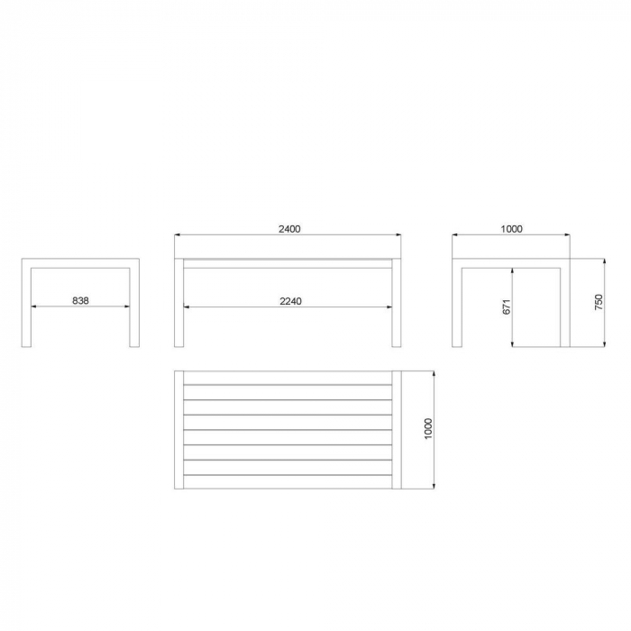 Masă IO 240 silt – aluminiu cu lamele, vedere laterală [5]