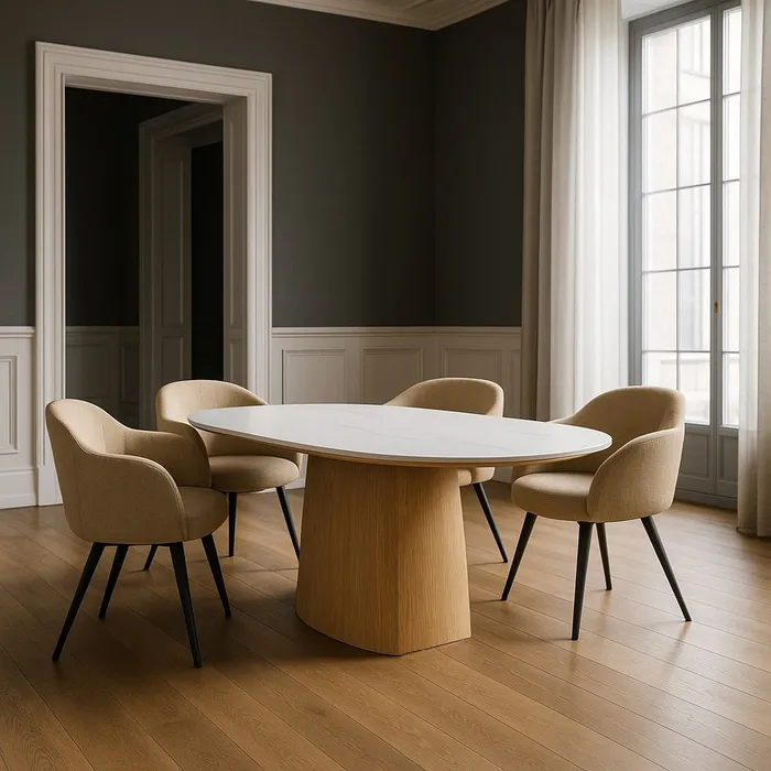 Masă dining ovală ceramică marmorat alb cu bază MDF natur curbată [2]