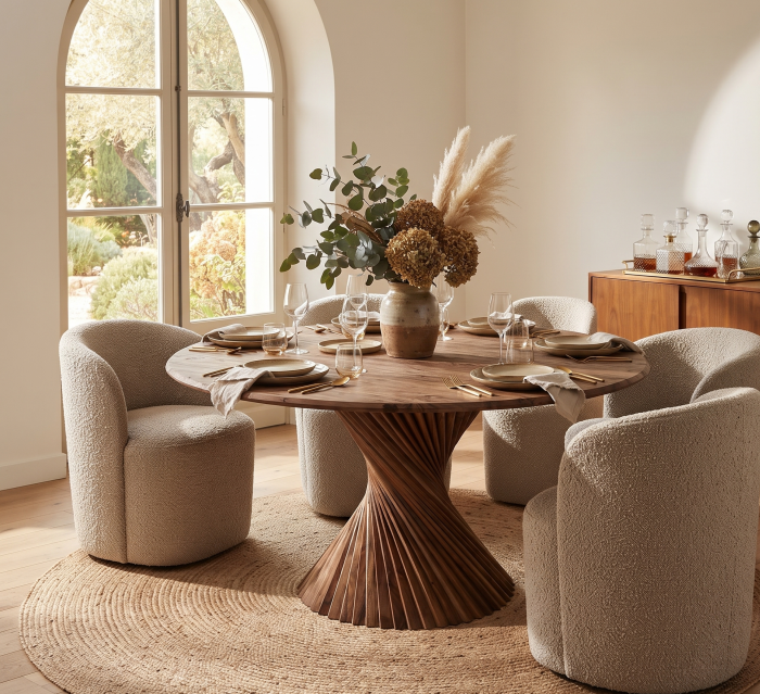 Masa dining rotunda din lemn de acacia cu baza spirala [2]