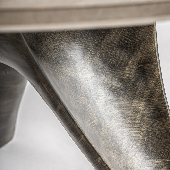 Masă de dining rotundă din travertin bej cu bază aurie [5]