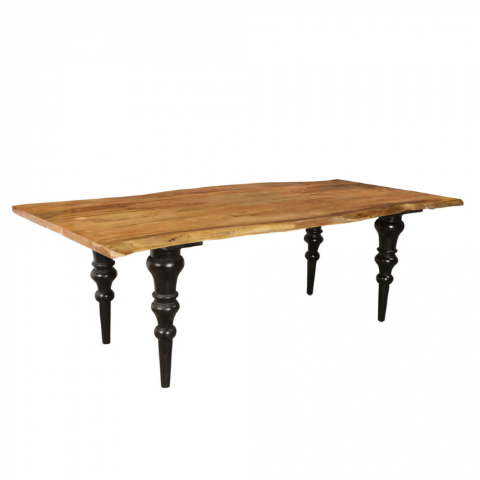 Masă dining rustică Artistico – vedere laterală cu blat acacia și picioare negre sculptate [3]